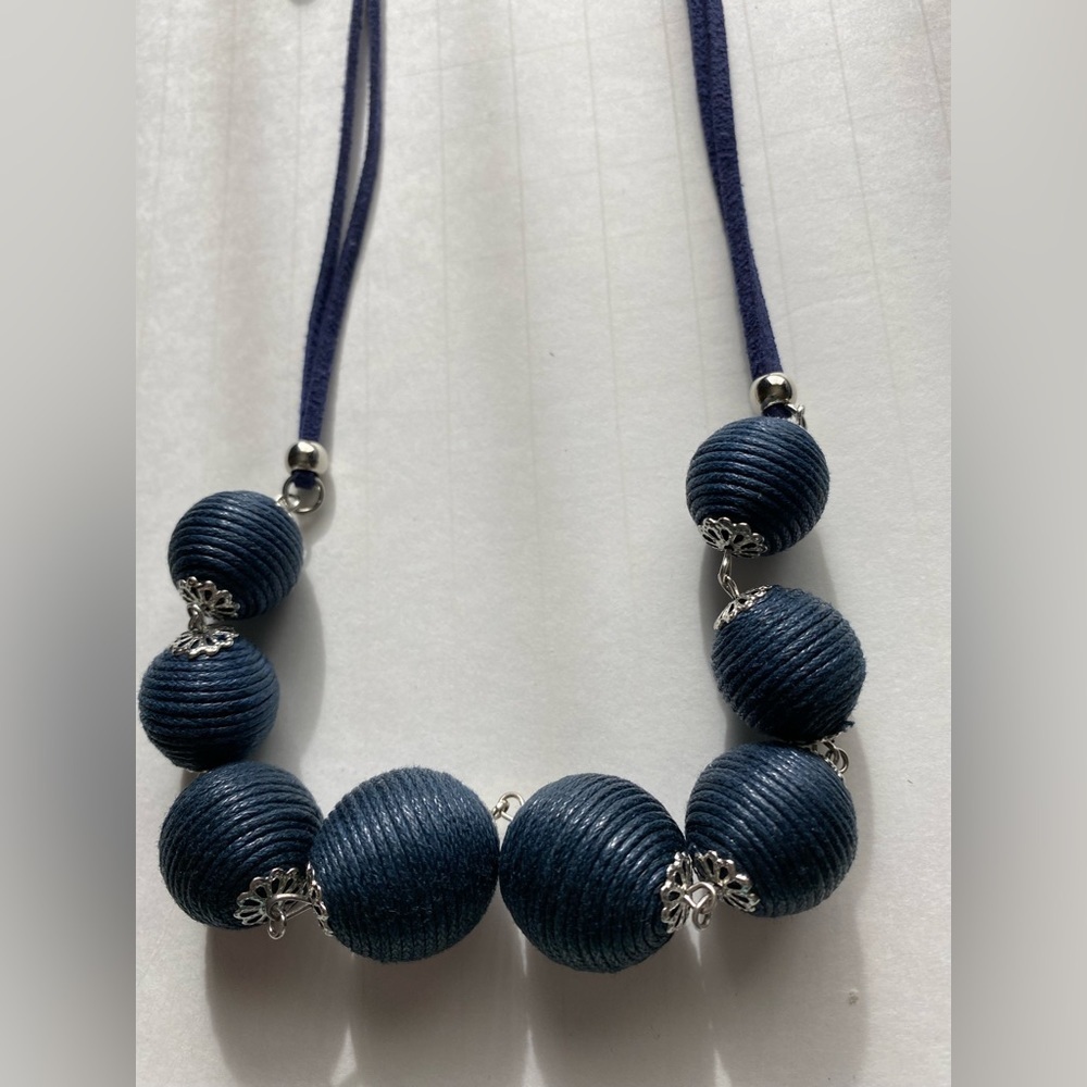 jewelry, necklace, earring, navy blue, coiled beads with suede cord